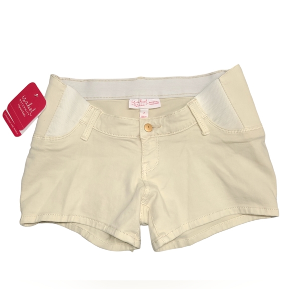 ISABEL MATERNITY SHORTS WOMEN 2 MIDI SHORT IVORY DENIM EXPANDABLE SIDE PANEL NEW - Picture 1 of 10